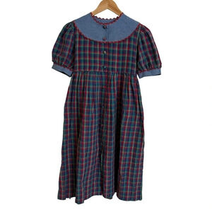 Vintage Catherine Rebecca Girls Sz 12 Plaid Chambray Button Up Dress Modest Blue